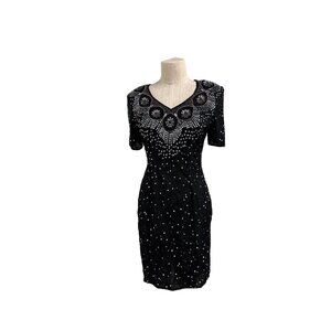 Vintage STÉNAY 90s Black Silk Beaded Evening Dress Art Deco Glamour LBD, Fundrai